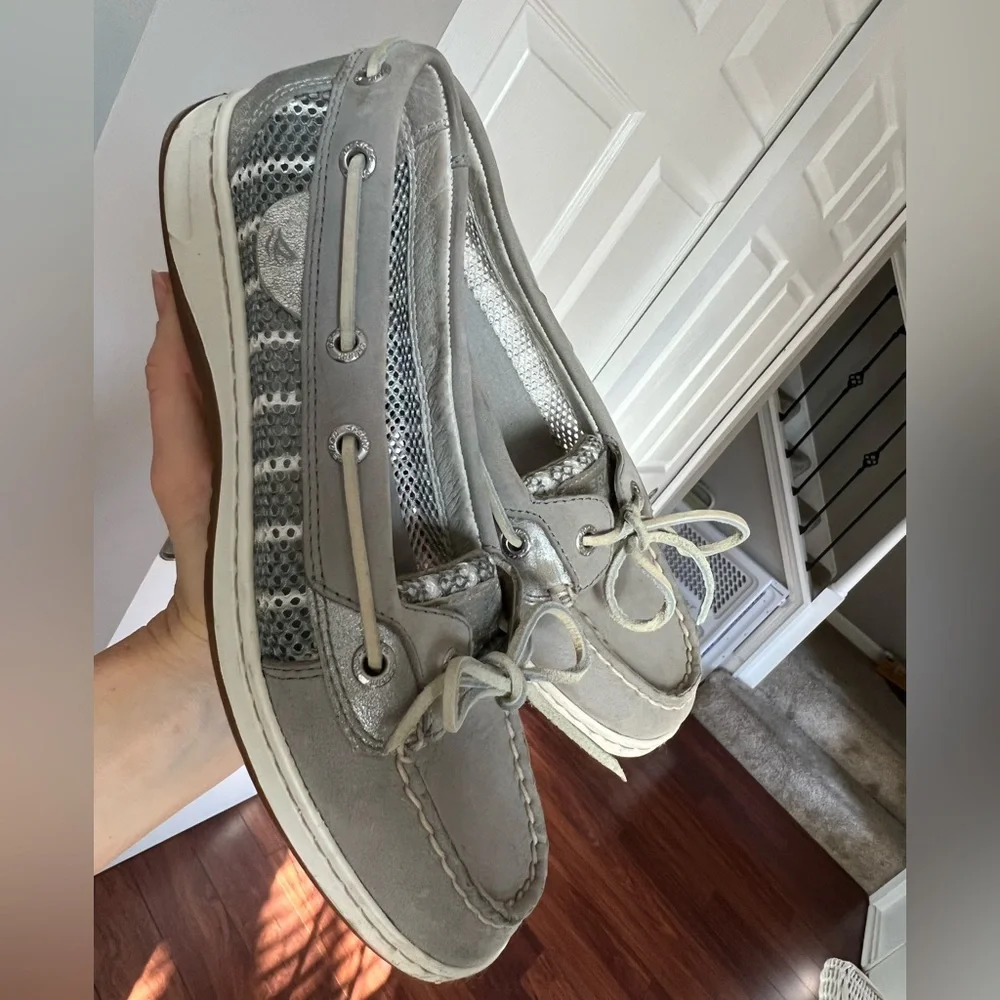 Sperry Women's 7.5 Angelfish Breton Stripe Mesh Slip-On Boat Shoe charcoal white - Picture 5 of 11